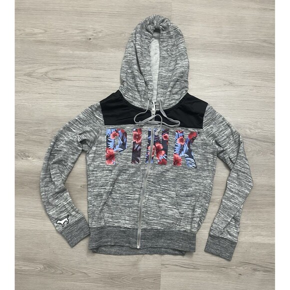 PINK by Victoria’s Secret  Gray Hoodie floral tropical  zip up jacket  medium - Picture 1 of 8